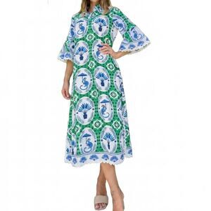 IslaPayal Linen Como Midi Shift Dress Monkey Chinoiserie Jade Resortwear Sz XL